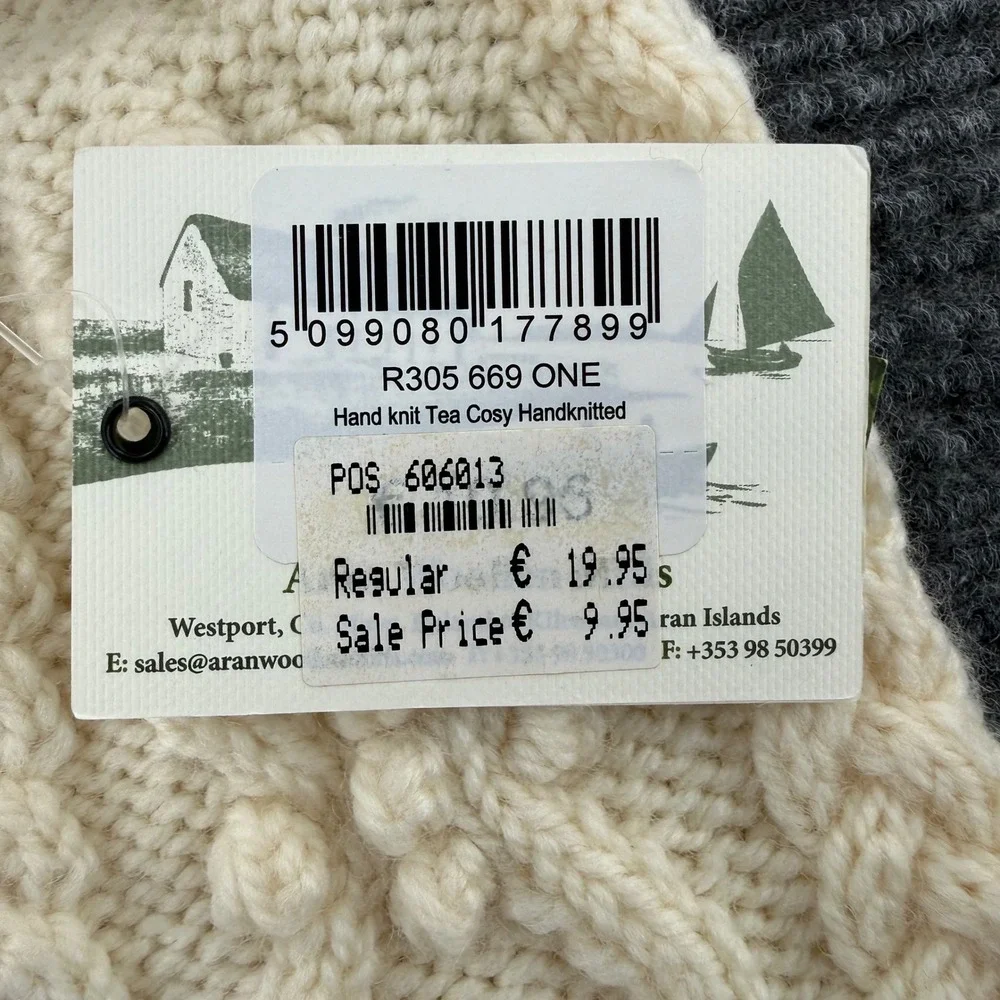 Aran Woollen Mills Handknit Tea Cosy Cream Cable Knit Pom Pom Wool
